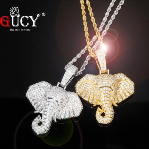 GUCY Iced Out Cubic Zircon Bling Animal Elephant Necklace & Pendant Men Women Hip Hop Rock Jewelry CZ Necklace For Gifts