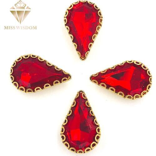 New arrive 8X13mm Red teardrop sew on rhinestones gold base lacy claw glass crystal pear shape rhinestones Diy accessories