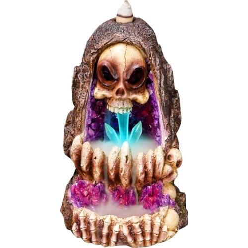 Backflow Incense Burner Skull Shape Incense Holder Resin Handicraft Aromatherapy Decoration With LED Light Improve Sleep Quality