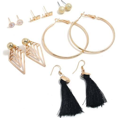 Fashion Gold Color Geometric Triangle Round Earring Set For Women Long Tassel Circle Korean Women Stud Earrings Set Jewelry