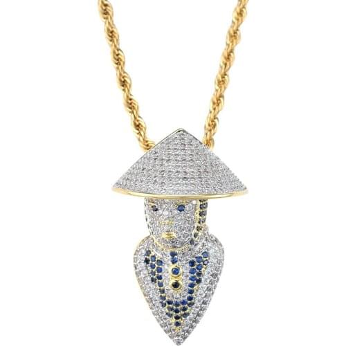 Iced Out Chain Dai Douyu Fisherman Pendant Mens Gold Silver Color Necklace Bling Zirconia Simulated Diamond Hip Hop Jewelry