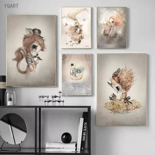 Nordic Girl Bedroom Wall Pictures Fairy Rabbit Angel Wings Canvas Posters Abstract Animal Paintings PIctures for HOme Room Decor