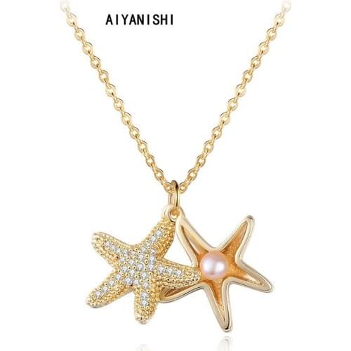 AIYANISHI 18K Gold Filled Natural Freshwater Pearl Necklaces Starfish Charm Necklaces Jewelry Freshwater Pink Pearl Necklaces