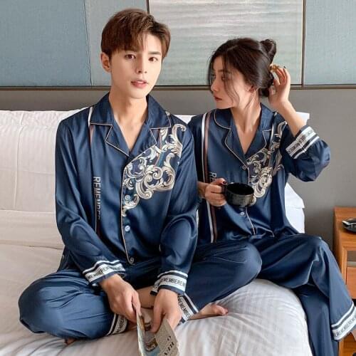 Pajamas Loungewear Long Sleeve Couple Pyjamas Pour Femme Lovers' Printed PJS Sleepwear Satin Faux Silk Comfy Home Cloting