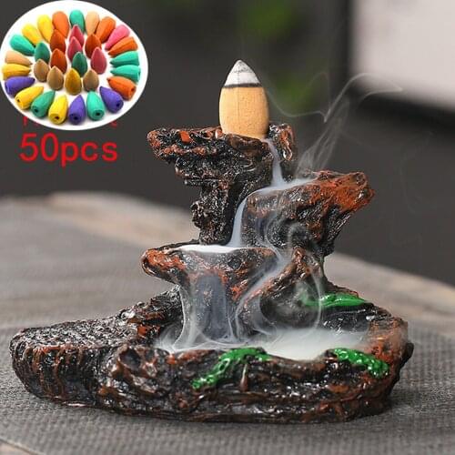 Waterfall Monk Backflow Incense Burner Mountain Tower Incense Holders for Home Office Yoga Aromatcherapy+50Pcs Incense Cones