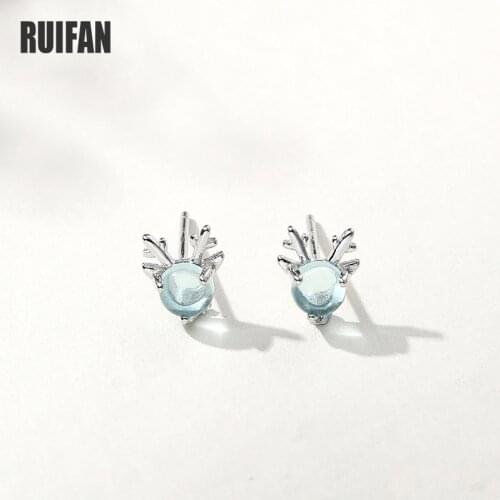 Ruifan Elk Antler Blue Crystal Stud Earrings for Women Girls 925 Sterling Silver Christmas Earring 2019 Fine Jewelry Gift YEA389