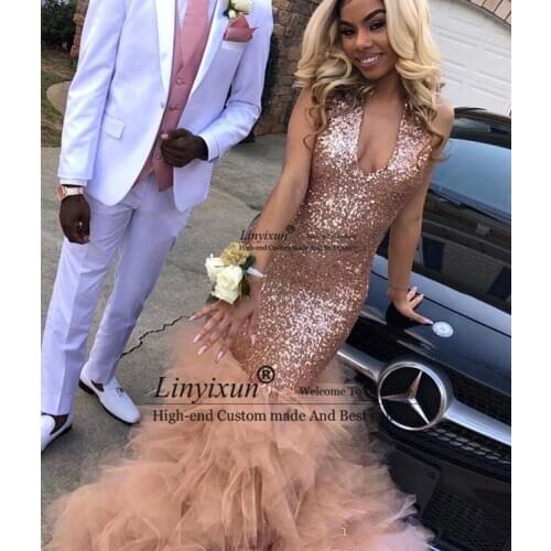 Sexy African Black Girls Sequined Prom Dresses Rose Gold Formal Pageant Holidays Wear Graduation Evening Party Gown Custom Made