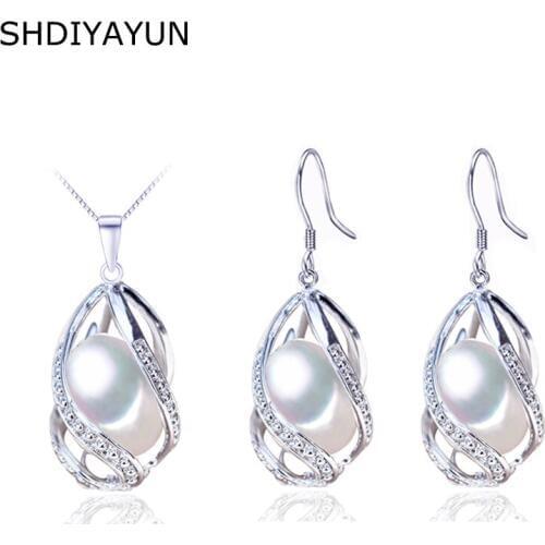 SHDIYAYUN Pearl Fine Jewelry Set 925 Sterling Silver Jewelry Natural Freshwater Pearl Beads Cage Necklace Earring Set For Women