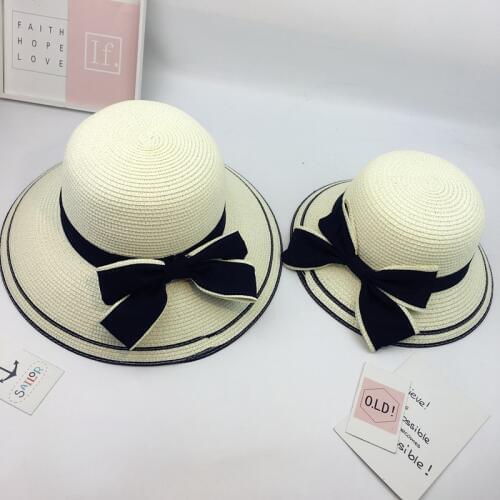 2019 simple Summer Parent-child Beach Hat Female Casual Panama Hat Lady Brand Women Flat brim Bowknot Straw cap girls Sun Hat