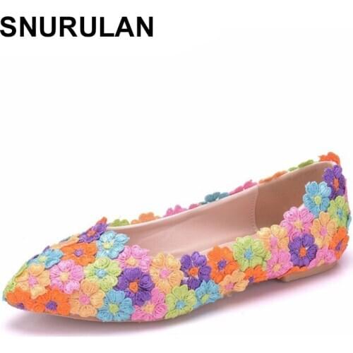 SNURULAN 2020new fashion women flat shoes flowers spring autumn casual comfort flat shoes woman lace-up pointed toe woman lazy