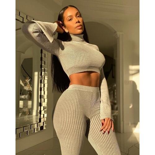 UVRCOS Skinny Elastic 2 Piece Set Womens Sweaters Streetwear Solid Color Knitted Rib Turtleneck Sexy Long Sleeves Fitness Suit