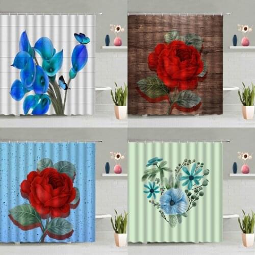 Flowers Plants Shower Curtain Retro Wood Board Rose Butterfly Bathroom Screen Bath Curtains Washable With Hooks Set Home Decor