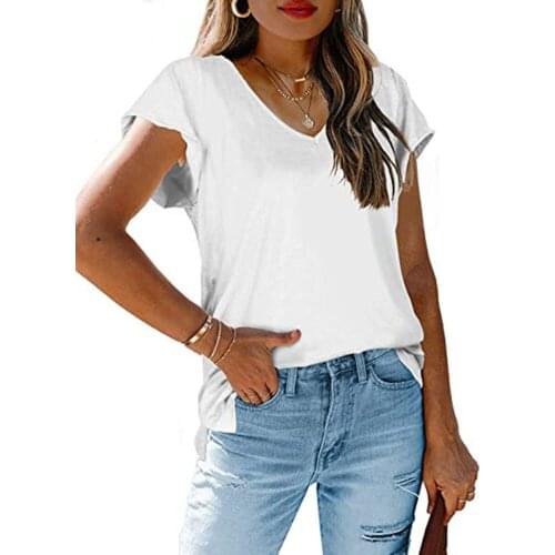 Womens Summer Casual Loose White Short Sleeve TShirt New Arrival 2021 Fashion V-neck Pure Color Split Street T Shirts For Women