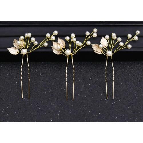 3 Pcs/set Pearl Gold Leaves Bride Hairpins Women Peal Bridal Hair Accessories Hair Clip Wedding Jewelry Hair Ornaments Headwear