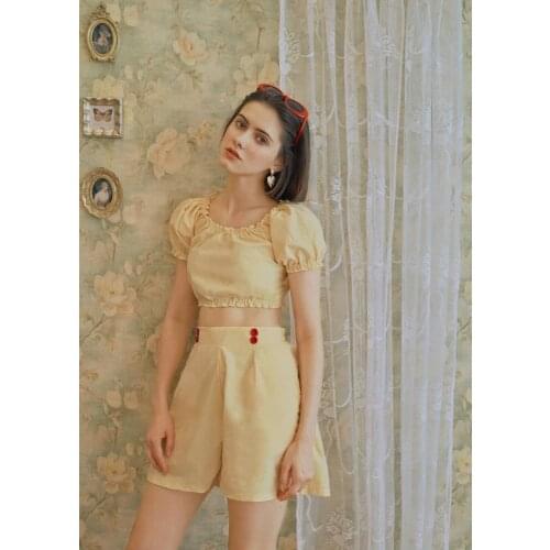 Movie Scissorhands Light Yellow Womens 2PCS Set: Short Sleeve Puffy Sleeve Shirt & Shorts Summer Sexy Cute Set