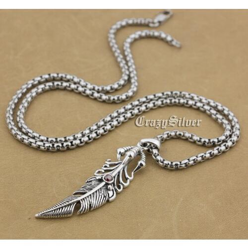 925 Sterling Silver Claw Feather Red CZ Stone Mens Biker Rocker Punk Pendant 9S025