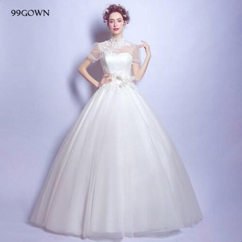 99Gown Wedding Dress Luxury Satin A-line Bride Dress Elegant Embroidery Lace-up Backless Wedding Gown Ivory Ball Gown JZ0001