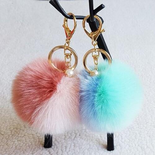 Fluffy Fur Pom Pom Keychain Soft Faux Rabbit Fur Ball Car Keyring Double Color Pompom Key Chains Key Holder Bag Pendant Jewelry