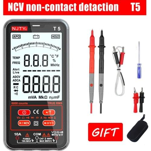 6000Counts Digital Multimeter NJTY T5 Ultra-thin RMS AC DC NCV Current Voltage Capacitance Temperature Tester with Backlight