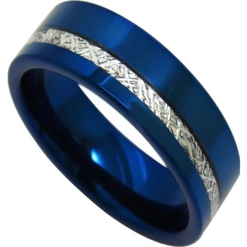 Men Tungsten Rings, 8MM Width High Polished Blue Tungsten Carbide Rings for Party Flat Top Inlay Meteorite, Free Shipping 6-13