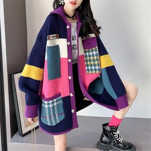 Autumn Winter Women Long Cardigan 2021 Contrast Print Pocket Button Oversize Sweater Cardigan Female Street Jacket Coat