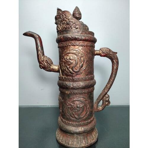 13"Tibet Temple Collection Old Bronze Lacquer Cinnabar Horse milk jug Butter teapot Big Tibetan Pot Ornaments Town House