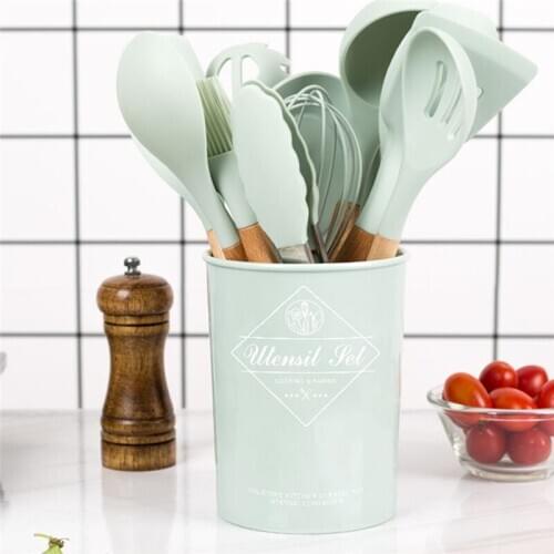 Silicone Kitchenware Cooking Utensils Heat Resistant Kitchen Non-Stick Cooking Baking Tools With Wooden Handle Cooking Tools