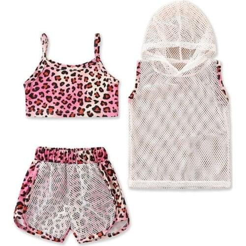 Summer Kids Baby Girls Clothes Summer Sleeveless Hooded Net Shirt Leopard Sling Shorts 3Pcs Outfits Children Movement Set