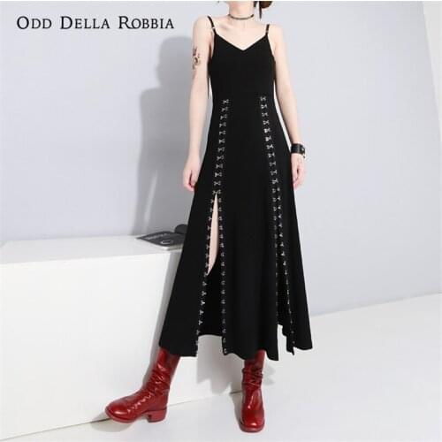 OddDellaRobbia Women Gothic Punk Hook Slit High Waist Skirt Heavy Metal Open Back Deep V Neck Sexy Club Sling Long Dress 478