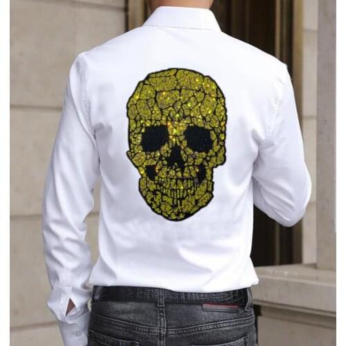 Casual Skulls Shirts Men Fashion Patchwork Shirts Long Sleeve Turn Down Collar Chemise Irregular Buttons Blusas