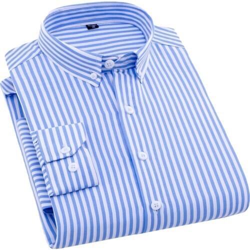 AOLIWEN brand men health wrinkle resistant fabric blue and white striped shirt business casual spring long sleeve slim fit shirt