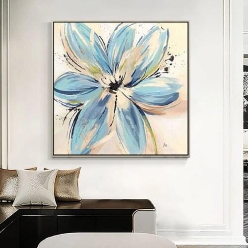 Hand Painted Abstract Oil Painting Wall Art Blue Flowers Picture Minimalist Modern On Canvas Decorative For Living Room No Frame