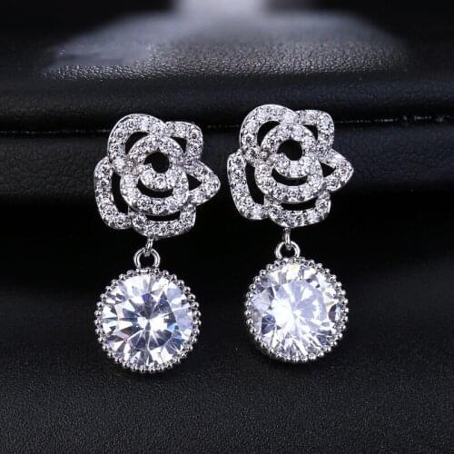 KSRA Chic Rose Gold Color Zirconia Dangle Drop Earrings For Women Romantic Bridal Wedding Accessories Jewelry Bridesmaid Gift