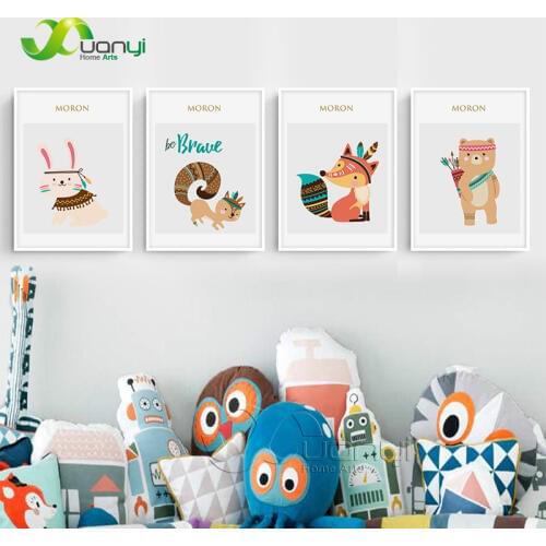 Nordic Cartoon Animal Poster Fox Bear Canvas Painting Nordic Cuadros Decoraction Modular Wall Picture For baby Room Unframed
