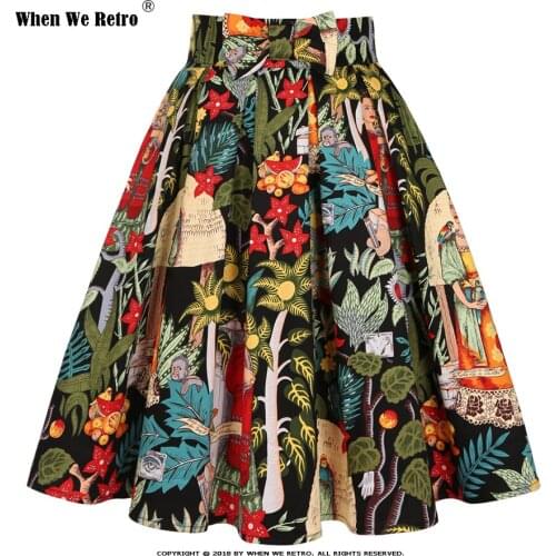 New Design Floral Print Cotton Retro Vintage Skirt SS0012 Plus Size Jupe High Waist Midi Black Pleated Skirt with Pockets
