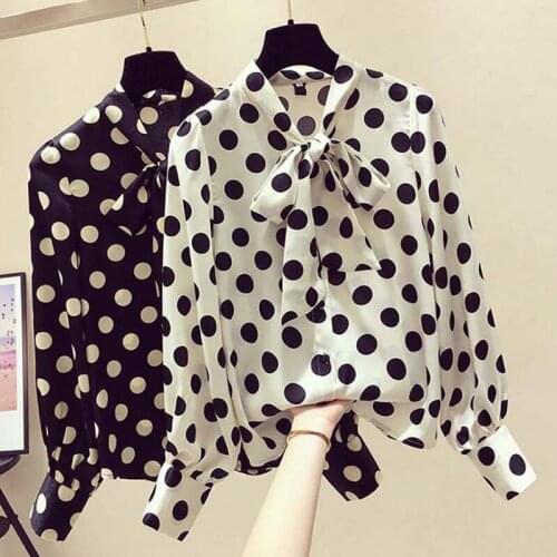 Dot Print Womens Casual Top Shirt Bow Long Sleeve Loose Collar Womens Comfortable Breathable Sweaters and Tops