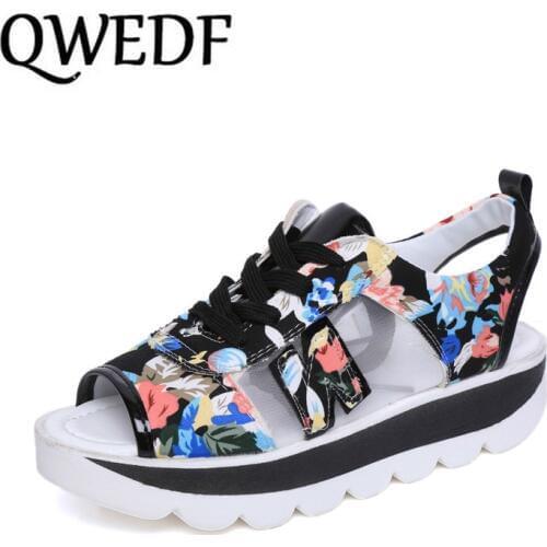 QWEDF 2019 Summer Women Platform Sandals Open Toe Wedge Thick Bottom Casual Shoes Woman Lace Up Breathable Mesh Sandals XC-96