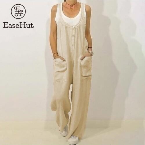 EaseHut Plus Size Wide Legs Overalls Summer Women 2020 Big Pockets U-Neck Female Loose Casual Rompers Womens Jumpsuits