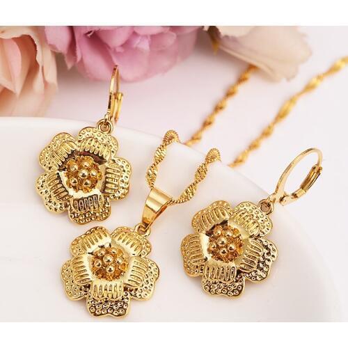 Bangrui Ethiopian Gold Color big Flower set women girls Jewelry Pendant Chain Earrings African Bride Wedding Flower Bijoux gift