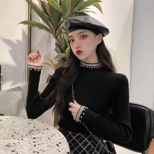 Women Sweater Pullover Autumn Winter New Half high Collar Pearl Casual Loose Short Thicken Sweater Sweet Long Sleeve Knitting