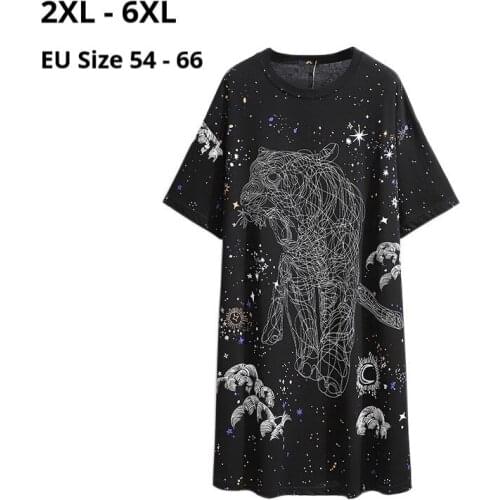 Plus Size 6XL 5XL 4XL 3XL Women Short Sleeves Dresses Femme Shining Printed Black Casual Clothing Slim Cotton Dress For Mujers