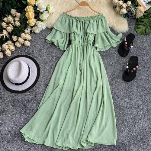 2020 Summer Maxi Long Beach Dress Stretch Slash Neck Strapless Flare Sleeves Ruffled Fairy Runway Dress Women RH145