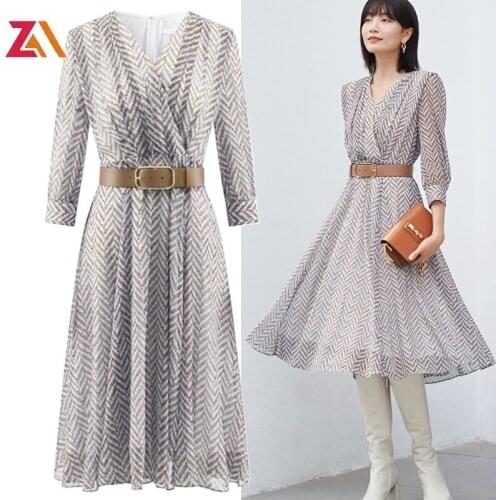 ZALady Celebrity vintage printed midi dress summer traf v-neck office work OL stripe elegant women dresses casual clothes female