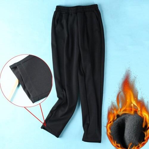4XL To 9XL Plus Size Fleece Pants Warm Long Winter Trousers Elastic Waist Casual Pencil Pants Black TK3018