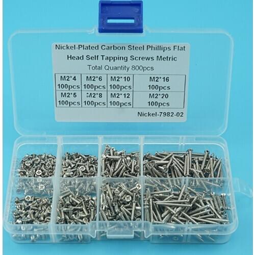 800Pcs/Set Flat Head Screws M2 Nickel-Plated Carbon Steel Self Tapping Screws Lock Nut Thread Nail Screw Fastener Accessories