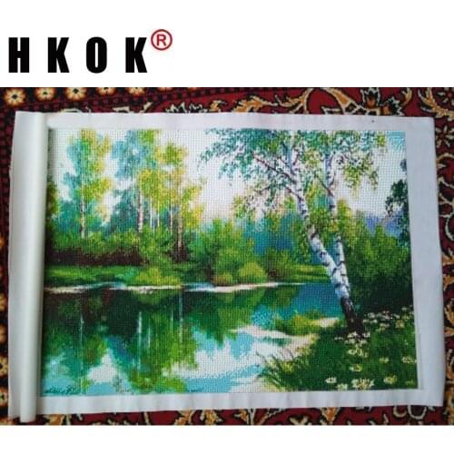 HKOK 5D DIY Diamond Landscape Diamond Painting Birch Trees Full Set Diamond Embroidery Mosaic River Pictures Of Rhinestone Decor
