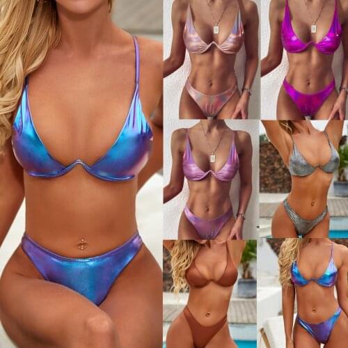 Pu Faux Leather V-bar Underwired Bikini Women Swimwear Female Swimsuit Two-pieces Bikini Set Bather Bathing Suit Swim 2021