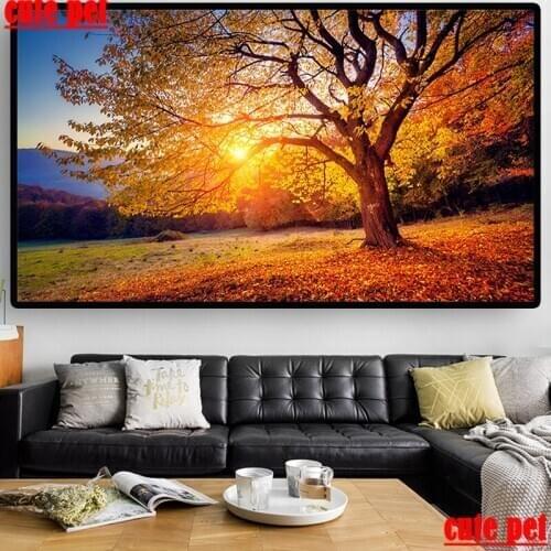 Large Diamond Painting Gold Sunset Tree Autumn Landscape Square round Diamond Mosaic Full Diamond Embroidery Cross Stitch Decor