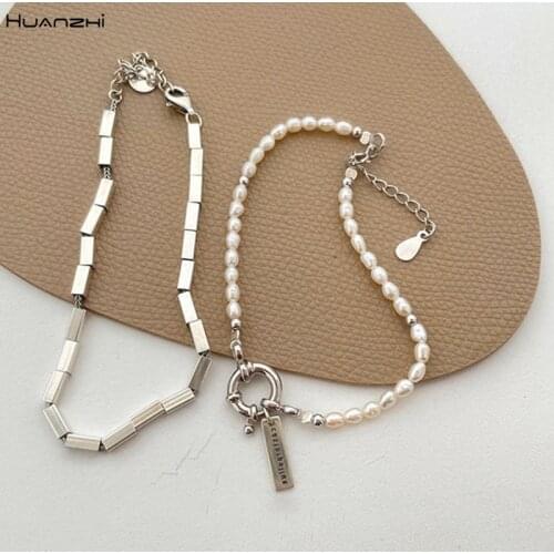 HUANZHI 2021 New Natural Freshwater Pearl Bracelet Metal Silver Geometric Bangle for Women Girls Travel Party Jewelry Gifts