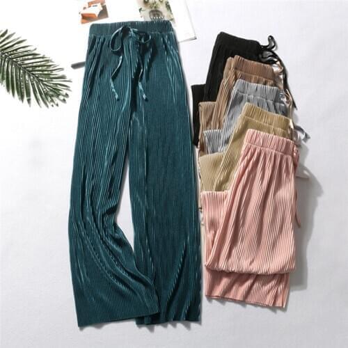 Summer Wide Leg Pants For Women Casual Elastic High Waist 2021 New Fashion Loose Long Pants Pleated Pant Trousers Femme